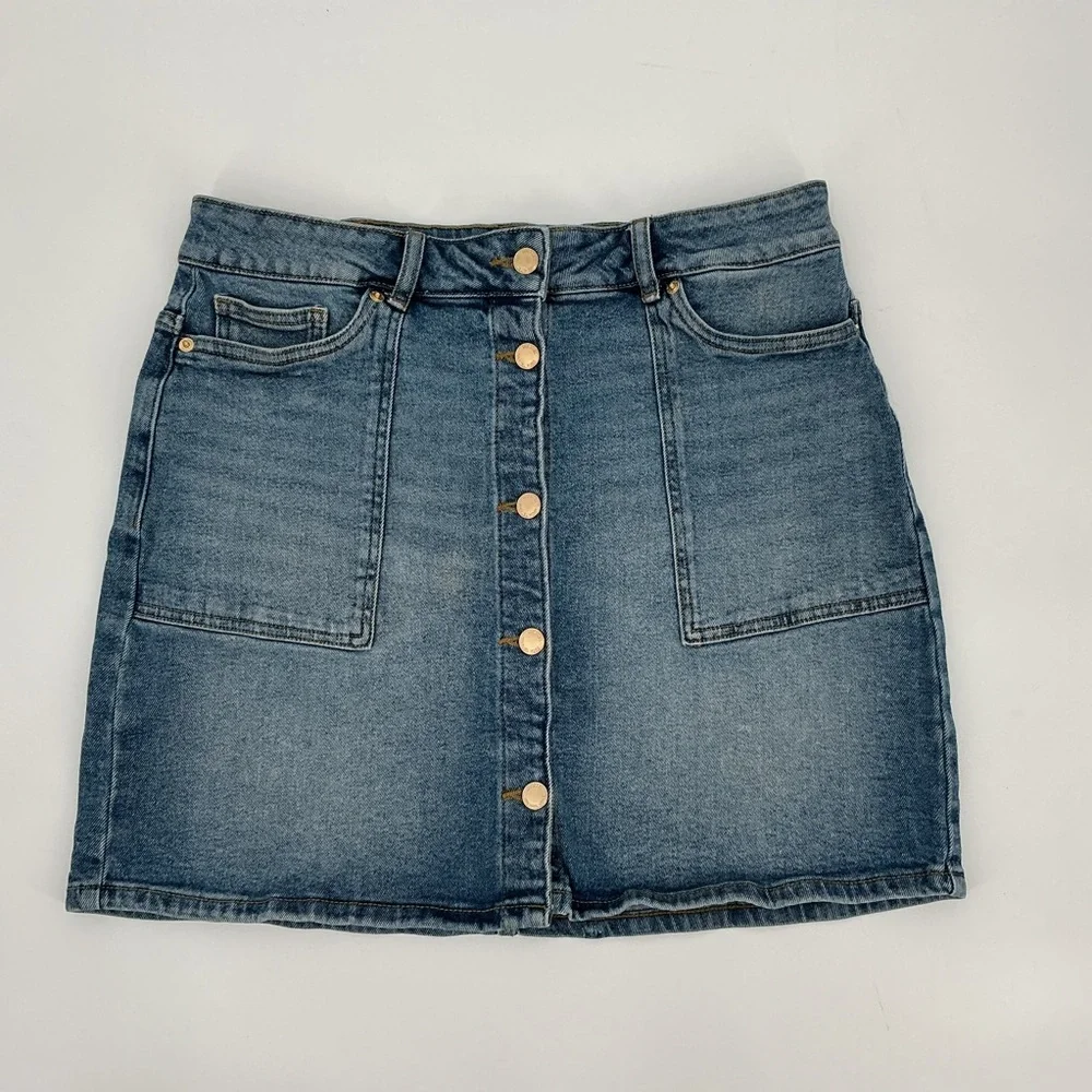 Michael Kors Blue Denim Gold Button Mini Skirt Size 10